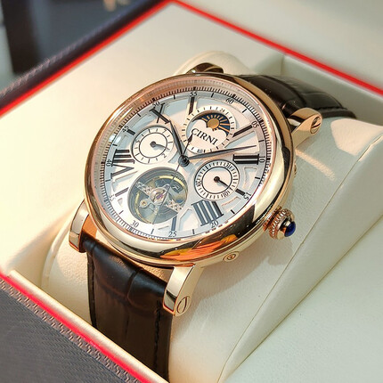 西亚尼全自动机械表飞轮皮带男士手表镂空复古男款手表防水运动腕表 黑皮金白 6013 飞轮款 CIRNI