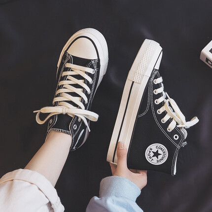 束念高帮帆布鞋女2023春季新款韩版百搭学生厚底经典女鞋 黑色 38