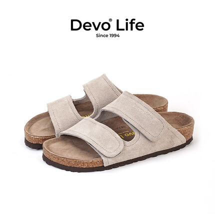 Devo Life的沃软木拖鞋女牛皮反绒休闲时尚学生套脚简约一字凉拖56124 灰色反绒皮 36
