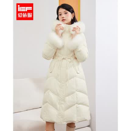 IEF/爱依服羽绒服2023冬季新款长款连帽毛边收腰设计外套女 杏 S
