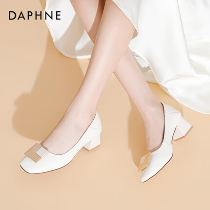 达芙妮（DAPHNE）单鞋女鞋2022年新款粗跟浅口小皮鞋法式高跟鞋子女秋季 米白色 35