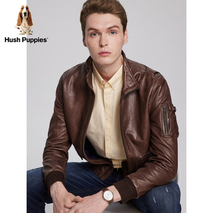 Hush Puppies暇步士男装绵羊皮革立领休闲皮衣夹克外套 褐色 L