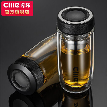 希乐 双层玻璃杯 隔热加厚水杯男带过滤网泡茶杯商务办公杯家用茶水分离杯子 260ml黑色 DS-516-h