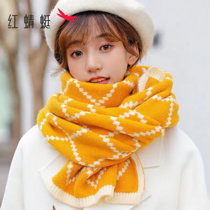 红蜻蜓围巾女冬季韩版格子百搭保暖针织毛线学生女士围脖新年礼物 50583【黄色】 均码