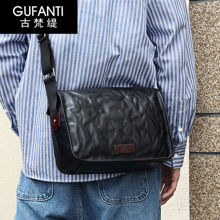 古梵缇单肩包男 植鞣皮小挎包 复古斜挎男包日常出行斜挎包男gftx-140 黑色 GUFANTI