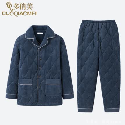 多俏美睡衣男士冬季珊瑚绒夹棉袄秋冬款三层加厚冬天法兰绒保暖加绒套装 TQ20083|套装 XXL