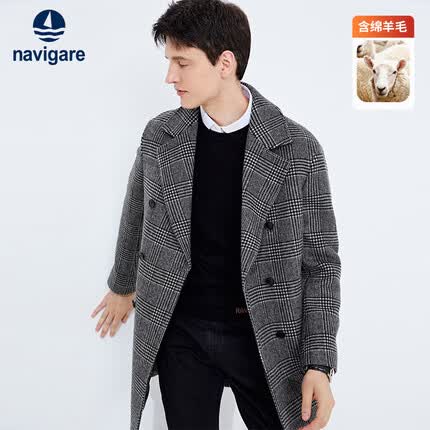 Navigare意大利小帆船男士双排扣格纹毛呢大衣翻领外套1331443505 XL/52