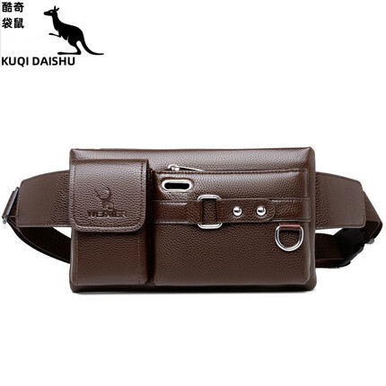 酷奇袋鼠【特价捡漏】品牌品质胸包男真皮质感防水腰包男2022年新款潮工地活大容量多功能斜挎包 8117棕色大号升级款单包