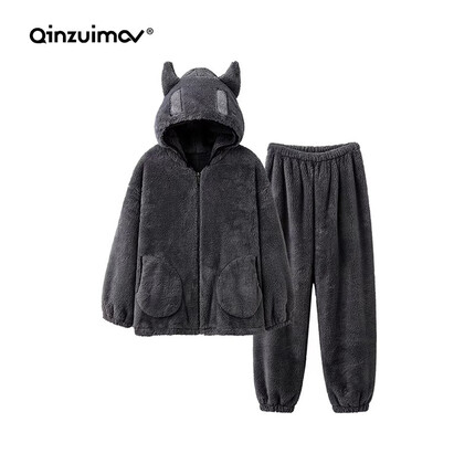 亲嘴猫(QINZUIMAO)亲嘴猫睡衣男冬加绒加厚男士连帽珊瑚绒套装青少年家居服可外穿 4386 (现货) L(165-175cm,50-70kg)