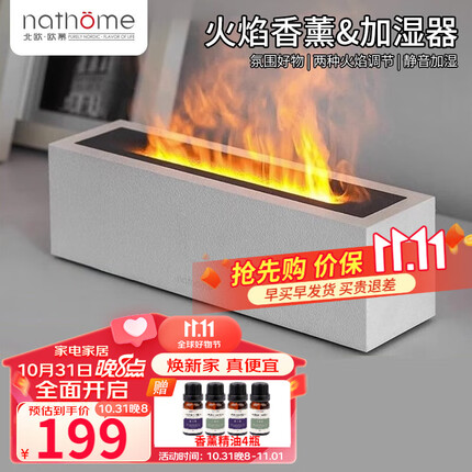 北欧欧慕（nathome）香薰机仿真火焰加湿器双色切换卧室家用办公室宿舍氛围夜灯桌面迷你低噪空气增湿机 红蓝双色 塔夫白 NJS003