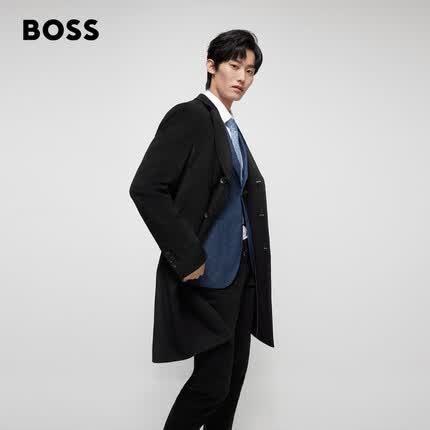 BOSS【抢购】 男士秋冬羊毛羊绒混纺修身全衬里毛呢大衣 50502327-001-黑色 EU:50