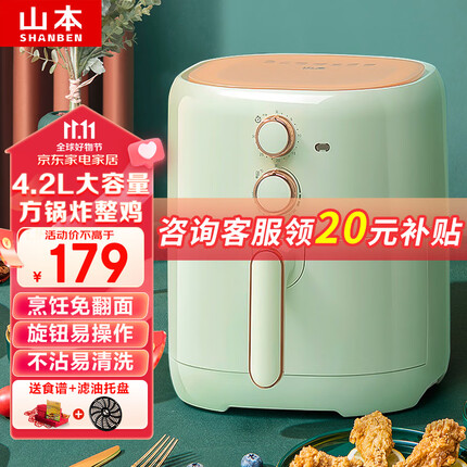 山本(SHANBEN)空气炸锅 4.2L大容量家用智能无油烟电炸锅薯条机多功能全自动煎炸锅大功率低脂无油烤箱易清洗 8201-X薄荷绿