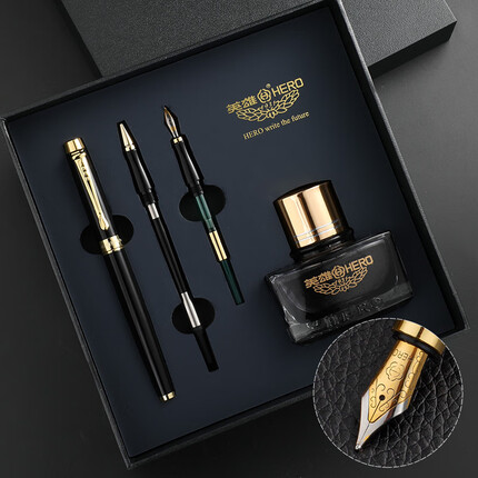 英雄（HERO）钢笔礼盒【韶华系列】铱金钢笔/宝珠笔/美工笔三合一书写商务钢笔高端男生礼物墨水套装 黑色