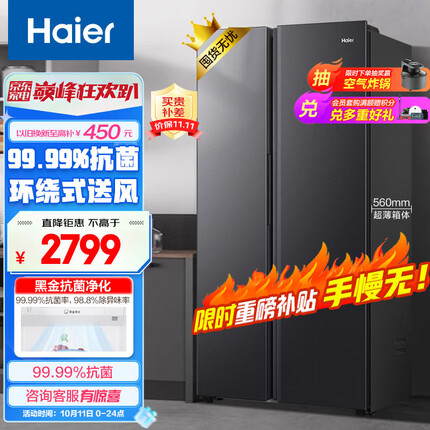 海尔（Haier）521升风冷无霜对开门双开门电冰箱家用双变频节能超薄嵌入式净味超大容量BCD-521WGHSSEDSD