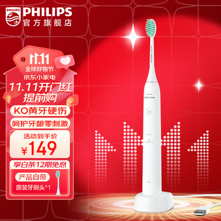 飞利浦(PHILIPS)电动牙刷 成人声波震动牙刷 净力刷 2种模式 温和清洁 白色 HX2431/02