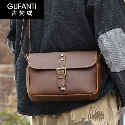 古梵缇单肩斜挎包男 复古休闲男士单肩包疯马皮大容量邮差包日常通勤潮流小背包gftx-141 棕色