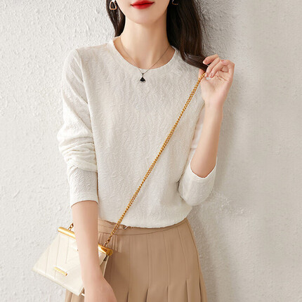 尚都比拉时尚基础款肌理感针织圆领长袖T恤春季上衣女121T40186 米白色 L 