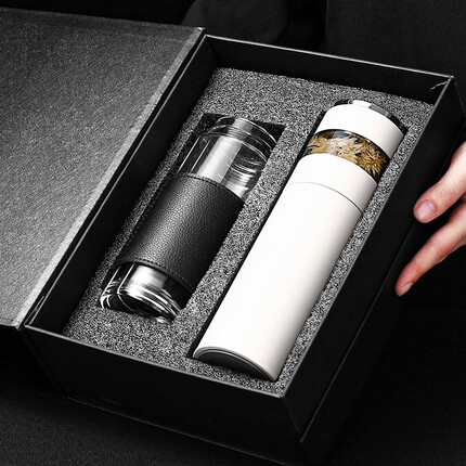 餐将军 保温杯316不锈钢茶水分离杯大容量泡茶杯水杯车载智能显温茶杯 保温杯【白色保温杯+玻璃杯】