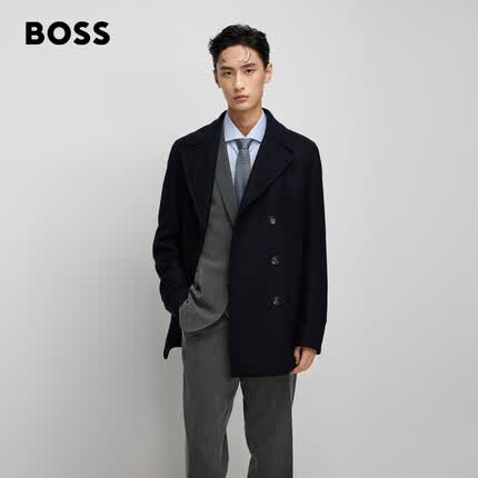 BOSS【质感毛呢】男士经典23秋冬羊毛混纺双排扣质感毛呢大衣宽松外套 402-深蓝色 EU:52