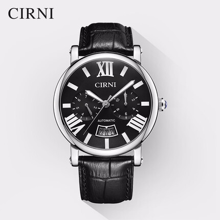 西亚尼手表 男士全自动机械表真皮带男士手表黑色时尚防水多功能休闲瑞士风格商务男表腕表 黑面CI.6037MM-1 CIRNI