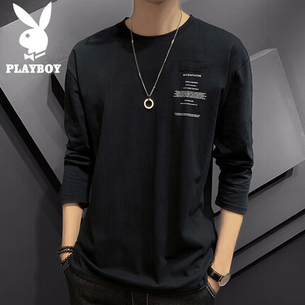 花花公子(PLAYBOY)长袖T恤男2023秋季男装男士上衣服纯色棉质宽松潮流打底衫