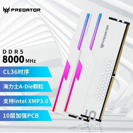 宏碁掠夺者 32G(16G×2)套装 DDR5 8000频率 台式机内存条 Hermes冰刃系列 RGB灯条(C36) 珍珠白