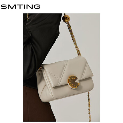 【西木汀】 桃椰奶冻 牛皮菱格链条包女2022新款时尚斜挎女包高级感小众单肩包包 米灰色