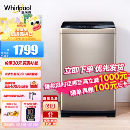 惠而浦波轮洗衣机全自动 10公斤大容量 活水漂 仿手洗 中途添衣 EWVP114020G流沙金