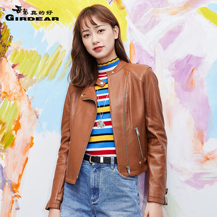 哥弟真的好女装立领机车夹克绵羊皮皮衣女夹克外套A400001 卡其 S(2码)