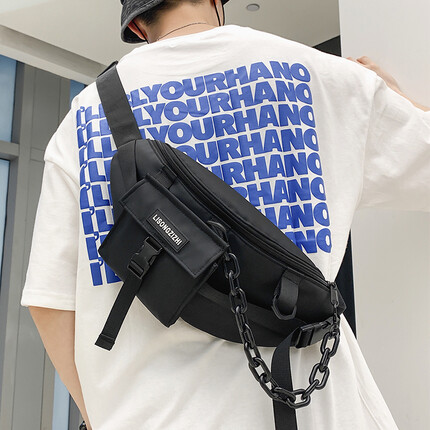 格比森 胸包男女新款潮流ins单肩包 时尚工装链条斜挎包 防泼水耐磨户外运动腰包大容量机能风骑行包 黑色