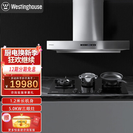 西屋（ Westinghouse）欧式油烟机手工锻造不锈钢机身21立方三眼大功率气电灶套装 烟灶套装TA05X+X6S