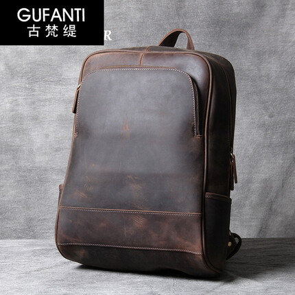 古梵缇双肩包男 复古疯马皮大容量简约双肩背包男户外旅行包gft-2194-K 深咖啡 GUFANTI