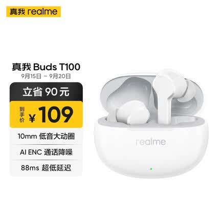 真我Buds T100真无线蓝牙耳机 通话降噪长续航28h闪充低延时 华为苹果手机通用 流行白