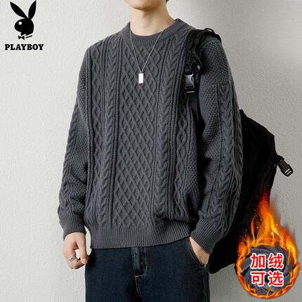 花花公子(PLAYBOY)毛衣男冬季针织衫男士外套潮流打底衫休闲宽松线衣服 灰色 2XL