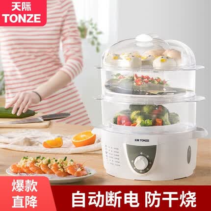 天际(TONZE)电蒸锅 蒸菜神器蒸鱼插电蒸笼透明多功能家用蒸馒头自动断电三层定时小型蒸锅40AD 4升 白色