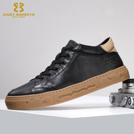 八只猴子品牌运动休闲鞋男2023新款百搭软牛皮跑步鞋男 黑色单鞋 42