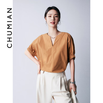 初棉法式v领短上衣女 夏季设计感泡泡袖短袖衬衣纯棉显瘦小衫 茶棕色 S