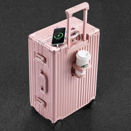 行之旅多功能行李箱女新款铝框拉杆箱万向轮旅行箱子登机箱男皮箱密码箱 仙女粉 24英寸(减震刹车轮+杯架+充电口)