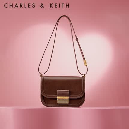 CHARLES&KEITH生日礼物复古锁扣豆腐包单肩包斜挎包包女包方包女士CK2-80781400 Dark Brown深啡色 S