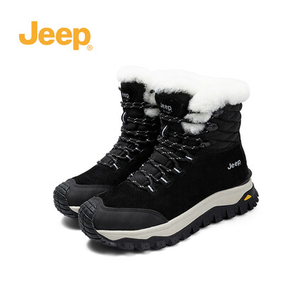 Jeep吉普加绒加厚雪地靴女冬季户外厚底短靴保暖棉鞋 黑色 38
