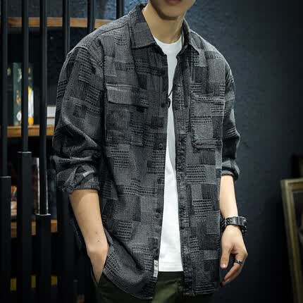 古先森男士长袖衬衫男宽松纯棉大码格子牛仔休闲工装衬衣男生春秋季新款潮牌胖子潮流上衣服外套 720黑色 XL【145-165斤】