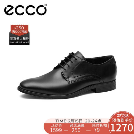 爱步（ECCO）爱步男鞋皮鞋男商务简约牛皮德比鞋 墨本621634 黑色40