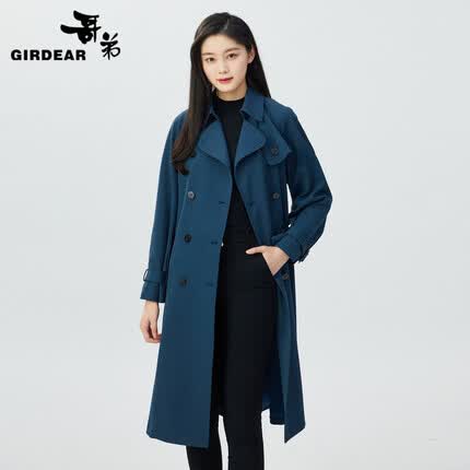 哥弟(GIRDEAR)【GD】新年款通勤中长款双排扣风衣女外套(附腰带)1400164 湖蓝 S(2码)