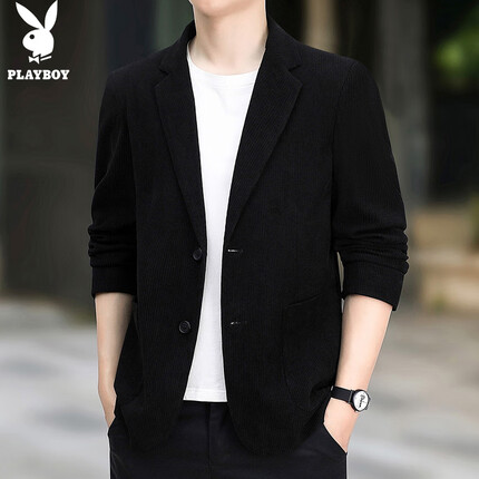 花花公子（PLAYBOY）西服男西装男士休闲外套男装灯芯绒秋冬季潮流正装 黑色 3XL