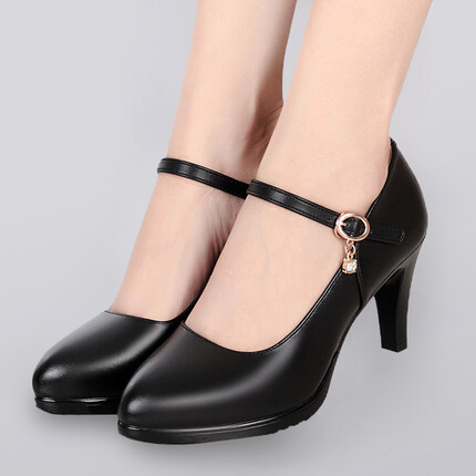 蜜凡苏旗袍模特走秀穿的鞋子软皮鞋新款鞋女高跟鞋细跟圆头真的皮演出鞋 黑色7cm 36