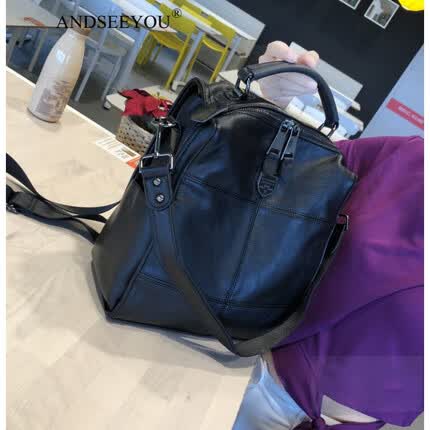 ANDSEEYOU品牌 真皮双肩包 简约拼接牛皮旅行包休闲女背包两用单肩包时尚包 黑色