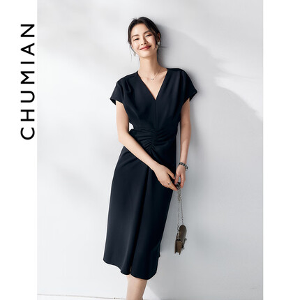 初棉小众设计法式收腰连衣裙女 夏季V领气质裙子修身显瘦连衣裙 极简黑 M
