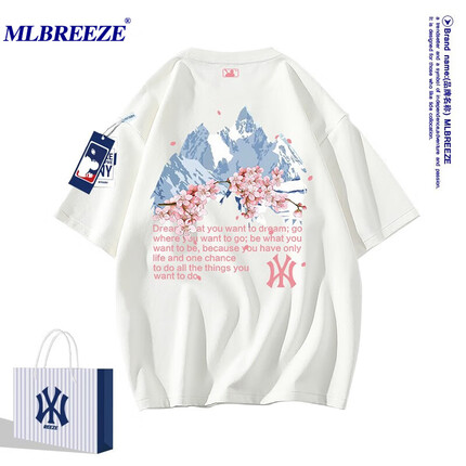 MLBREEZE男士短袖t恤夏季新款休闲宽松情侣装富士山樱花印花半袖打底上衣 白色 XL