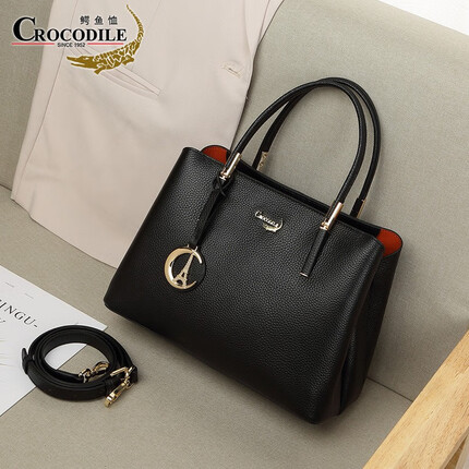 鳄鱼恤头层牛皮包包女新款时尚真皮气质手提包秋冬百搭大容量女包 玛雅黑+质量三包