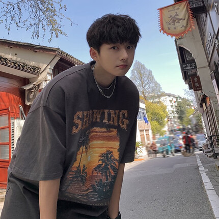 杜小闲 美式复古做旧落日印花短袖t恤男生夏季宽松半袖男青少年学生百搭潮牌高街帅气衣服男上衣 深灰色 XL